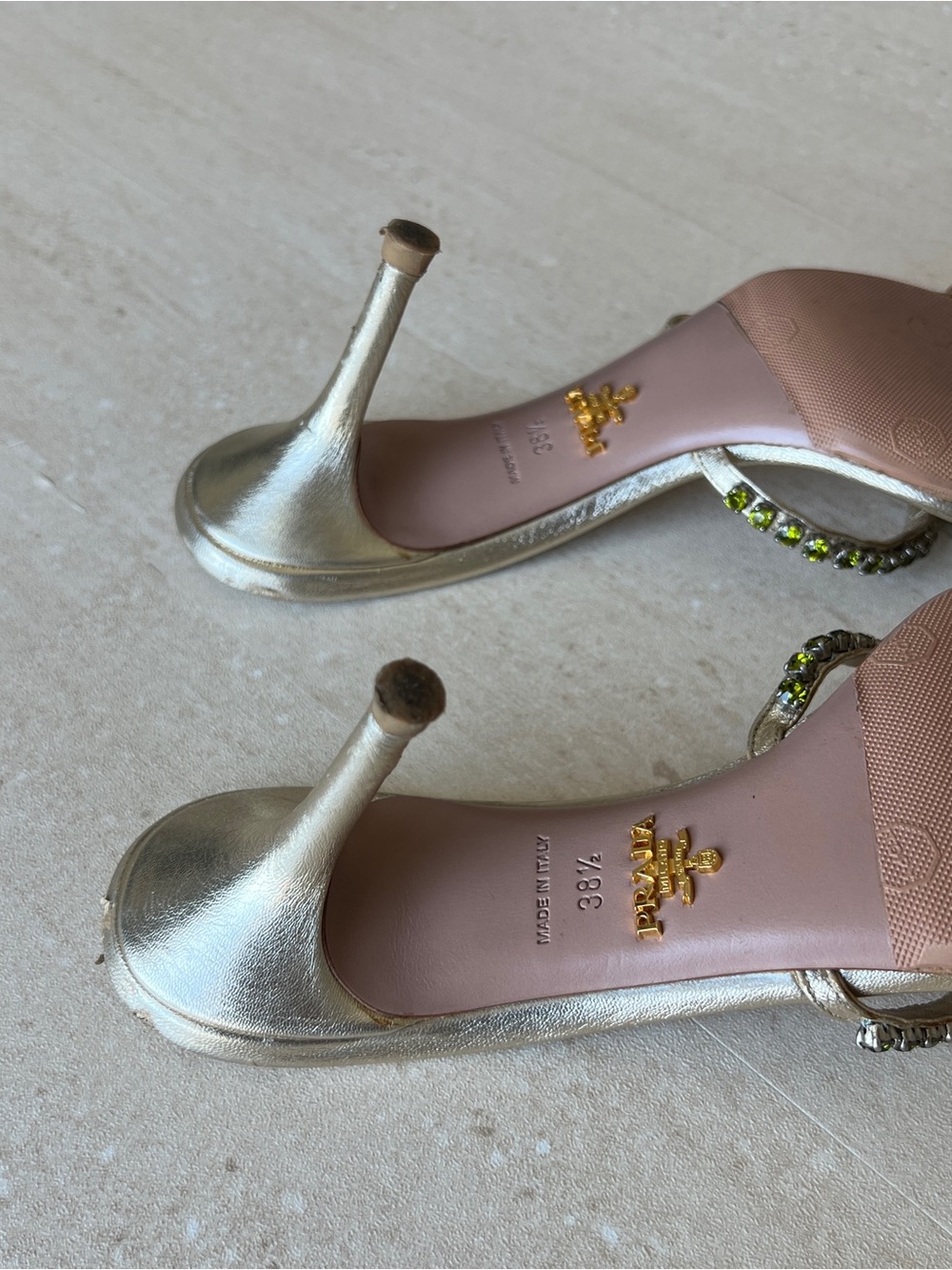 Prada Gold Crystal-Embellished Open-Toe Heels - Picture 7 of 8